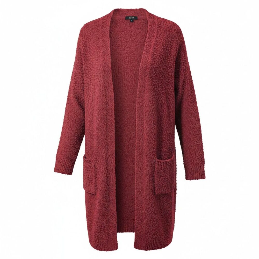 Modern Canvas Red Chenille Open Front Cardigan XXL Cozy Popcorn Knit Pockets - Picture 2 of 8